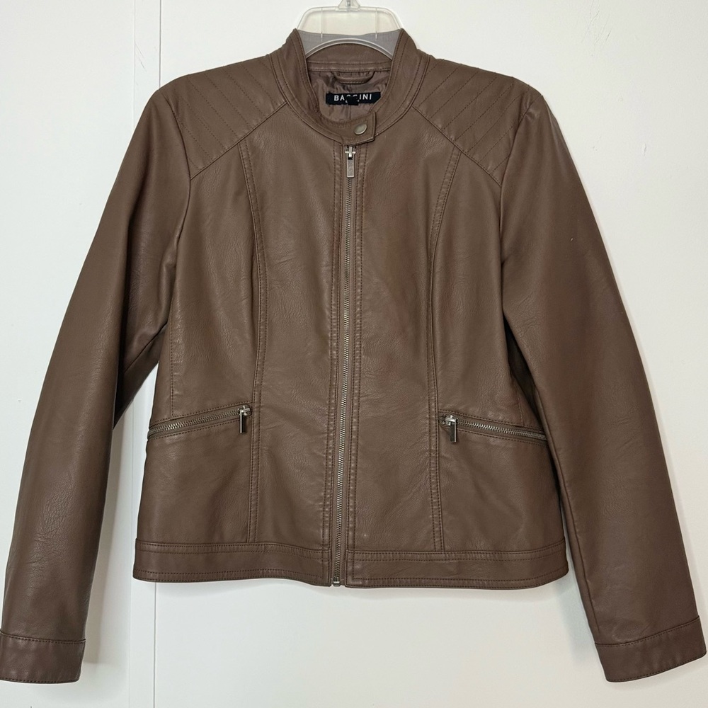 Baccini Brown Faux Leather Jacket Mock Neck Zipper Pockets Petite Large